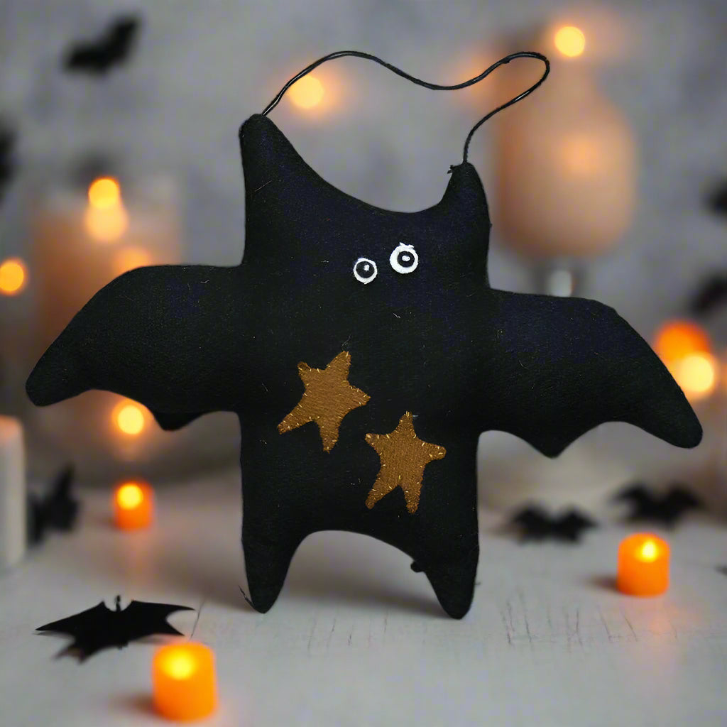Primitive Halloween Fabric 12" x 9" Hanging Black Bat with Folk Art Star - The Primitive Pineapple Collection