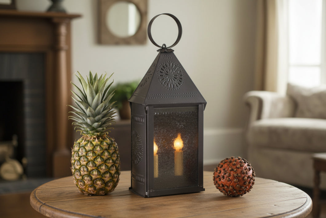 Irvins Country Tinware Hospitality Lantern with Chisel in Kettle Black - The Primitive Pineapple Collection