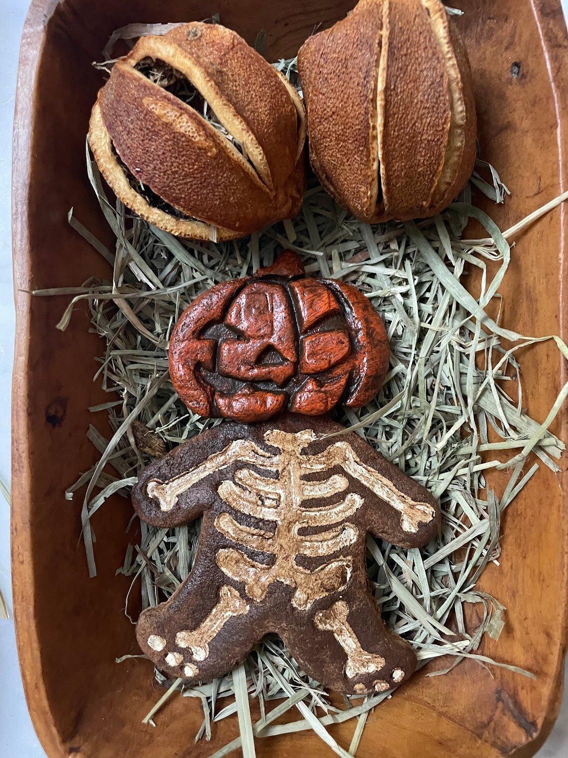 Primitive Faux Halloween Jack O Lantern Skeleton Cookie Bowl Fillers 5" - The Primitive Pineapple Collection