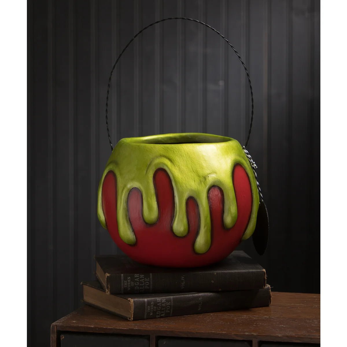 Bethany Lowe Halloween Large 13” LeeAnn Kress Red Apple Green Poison Skull Bucket - The Primitive Pineapple Collection