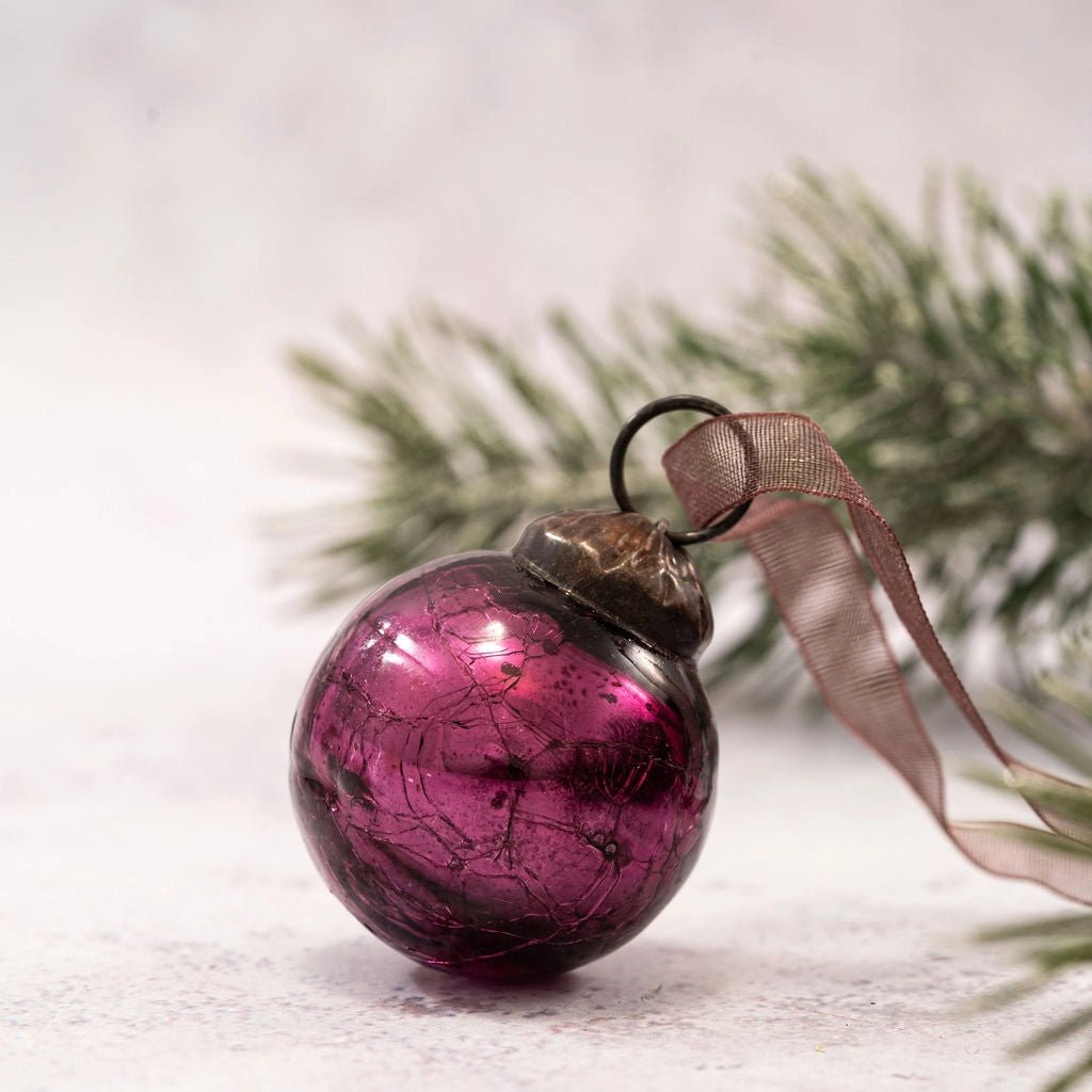 Christmas Handmade 6 pc Small 1" Crackle Glass Ball Ornaments Vintage /Retro Look - The Primitive Pineapple Collection