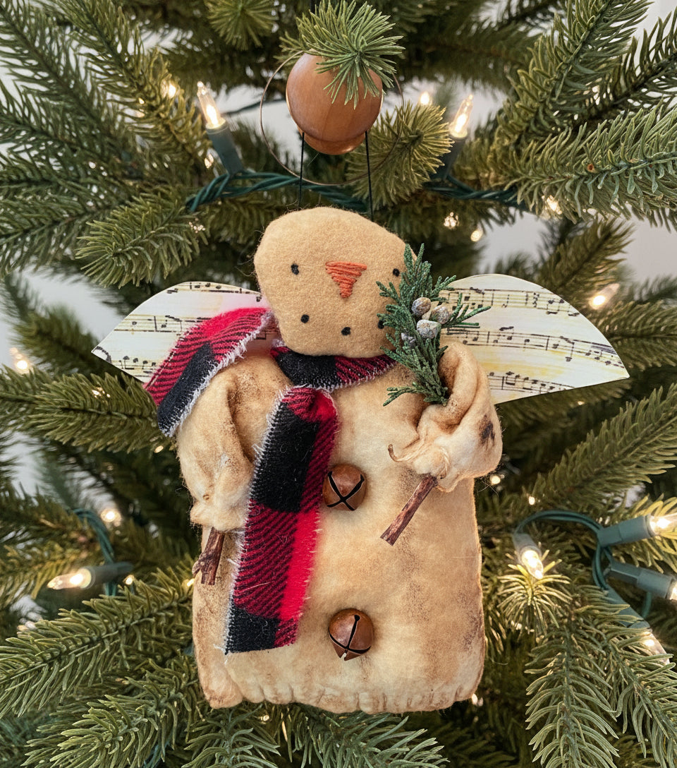 Primitive Handmade Christmas Music Angel Ornament w/ Greens 8" USA - The Primitive Pineapple Collection