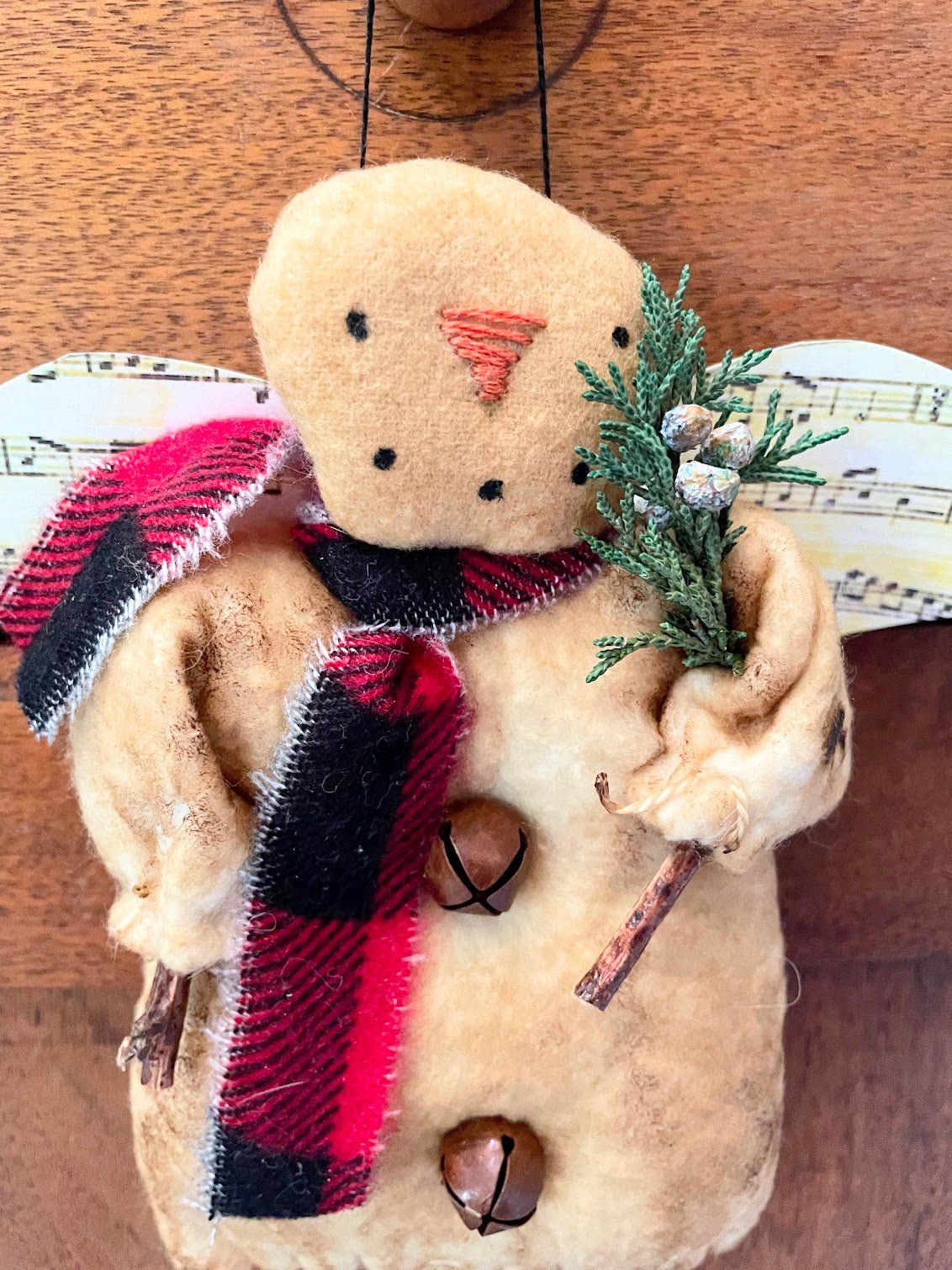 Primitive Handmade Christmas Music Angel Ornament w/ Greens 8" USA - The Primitive Pineapple Collection