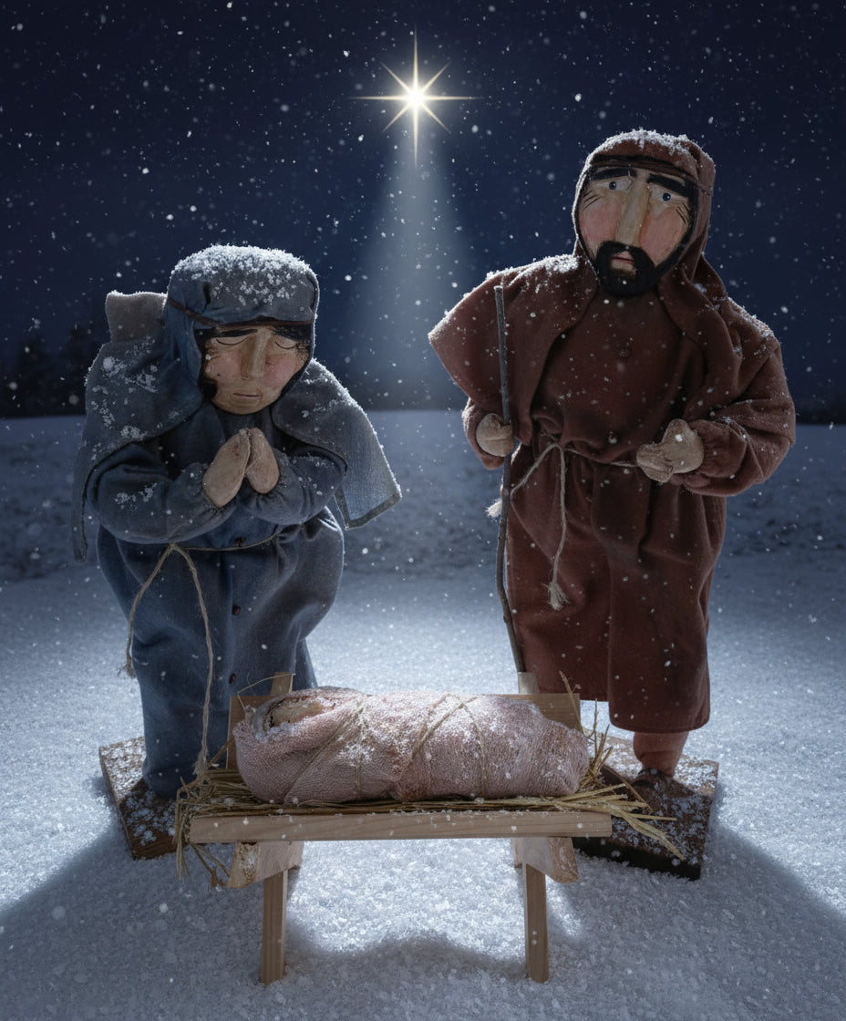 Primitive Handcrafted by Michelle Clay Face Nativity 3 Pc Mary,Joseph and Jesus Manger - The Primitive Pineapple Collection