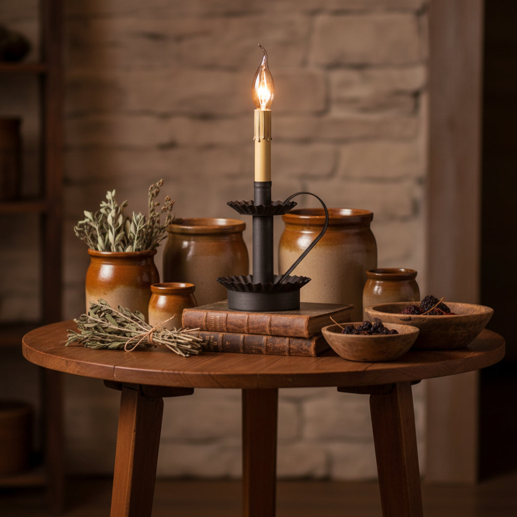 Handcrafted Primitive Colonial Plantation Candlestick Lamp Base Black - The Primitive Pineapple Collection
