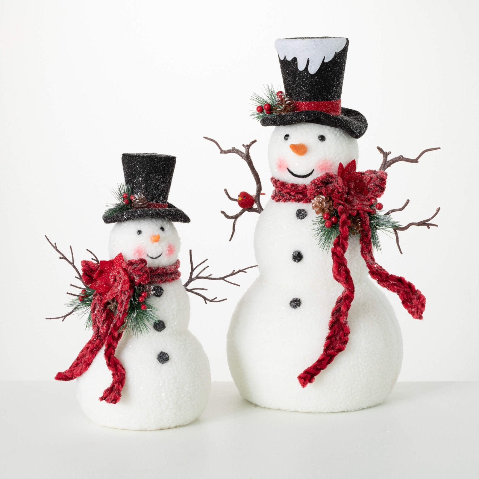 Christmas 2 pc Large Jolly Snowman Figurine w/ Twig Arms Cardinal 22.5" - The Primitive Pineapple Collection