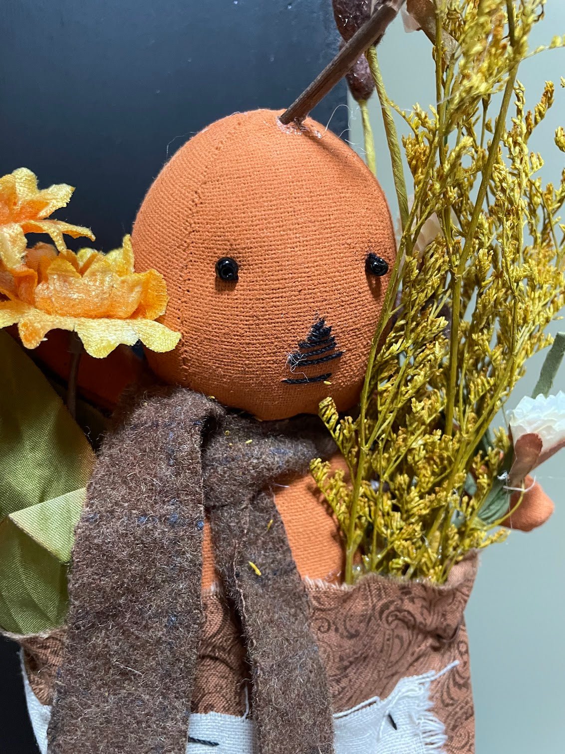 Primitive Handcrafted Halloween 12" Pumpkin Man in Hanging Fabric Pouch - The Primitive Pineapple Collection