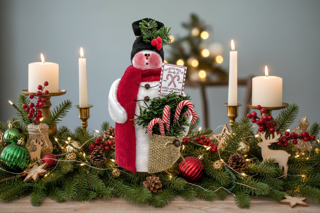 Primitive Hancrafted Christmas North Pole Snowman w/ Sack Candy Canes - The Primitive Pineapple Collection