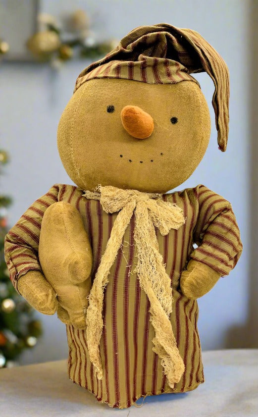 Primitive Christmas Handmade Snowman Stump Doll w/ Gingerbread 14" - The Primitive Pineapple Collection