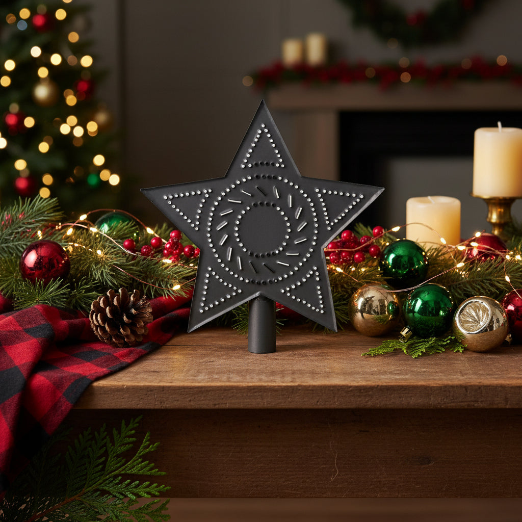 Primitive Country Punched Tin Christmas Tree Star Topper Black - The Primitive Pineapple Collection