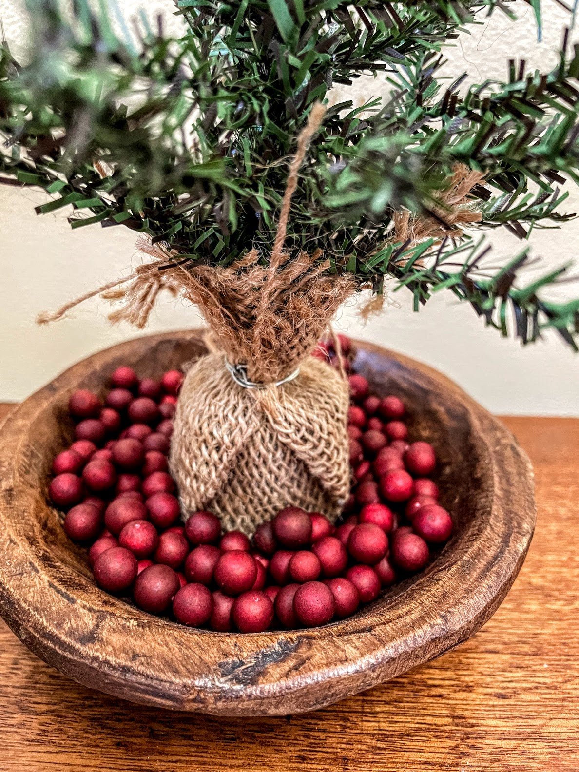Primitive Christmas Farmhouse Hand Carved Wood Bowl w/ Pine Tree and Berries - The Primitive Pineapple Collection