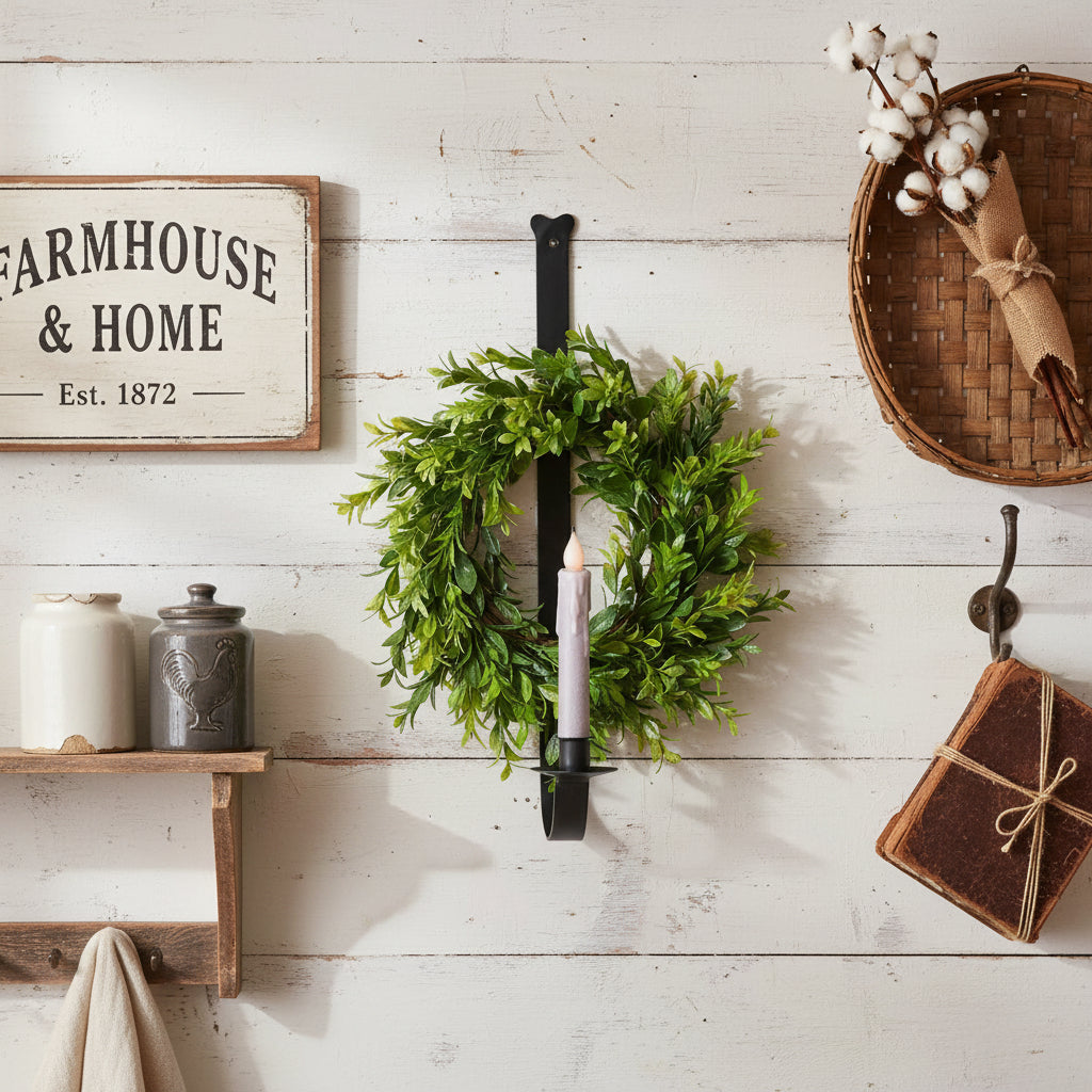 Primitive Colonial Hand Forged Wall Mounted Wreath and Candle Holder - The Primitive Pineapple Collection