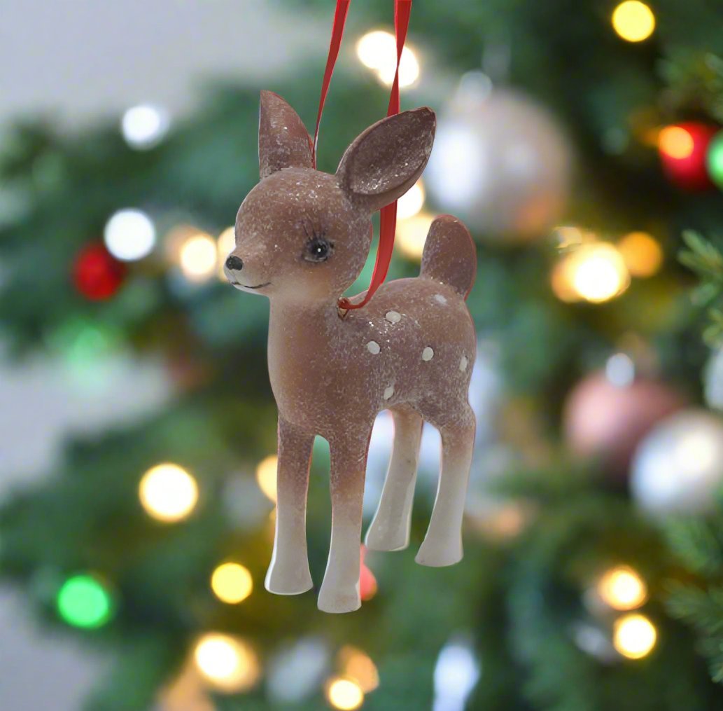 Christmas Retro Little Brown Spotted Deer Ornament 4" - The Primitive Pineapple Collection