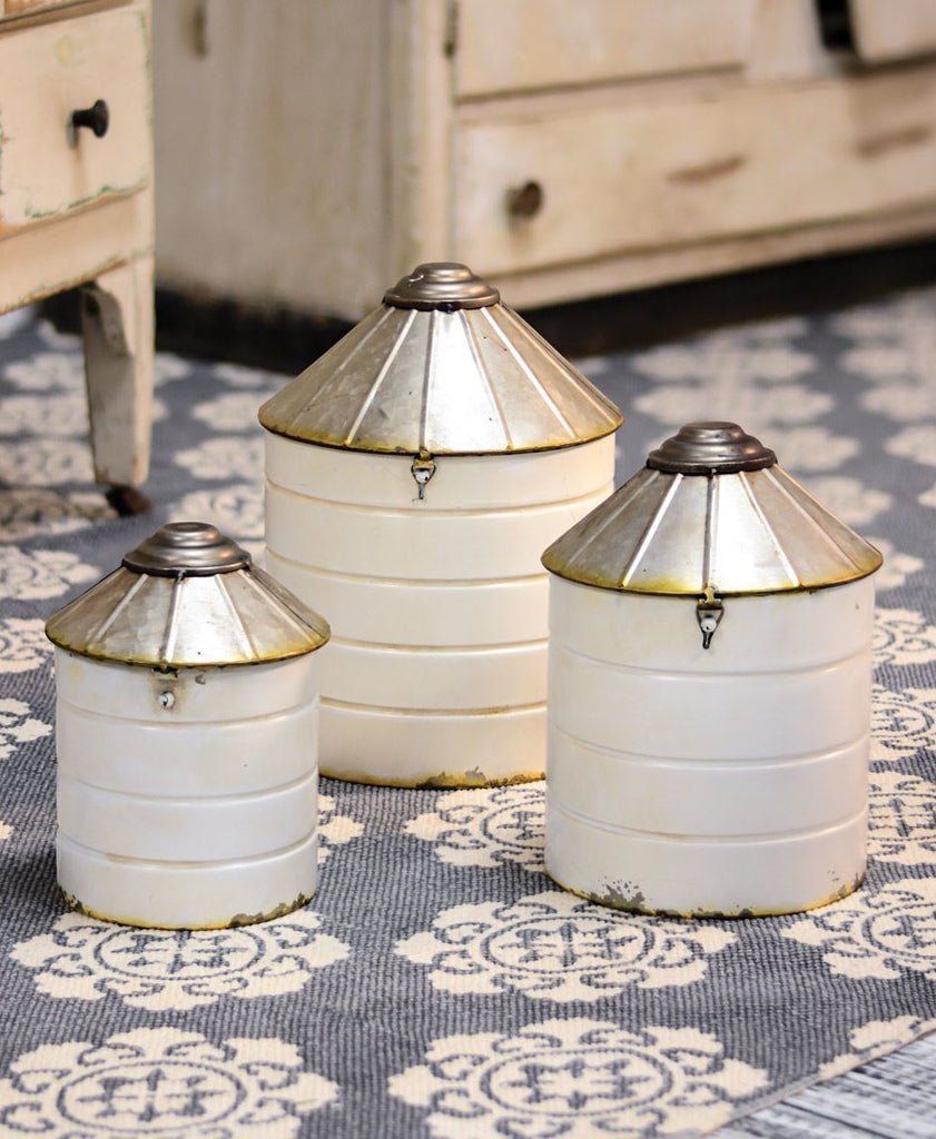 Primitive Farmhouse 3 pc Distressed White Silo Canisters - The Primitive Pineapple Collection