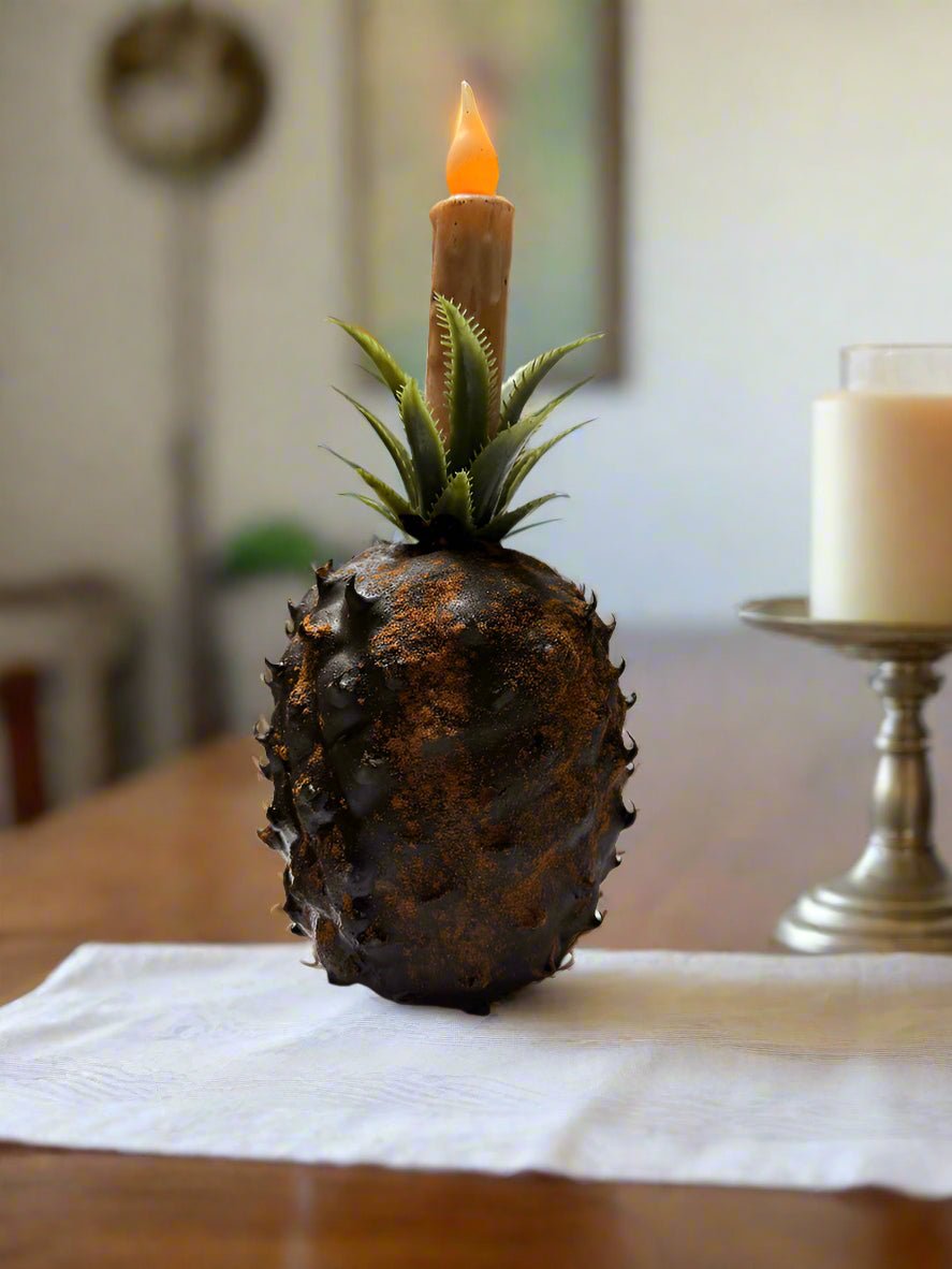 Primitive Colonial Grungy Cinnamon Scented Pineapple with 4&quot; Cream Taper - The Primitive Pineapple Collection