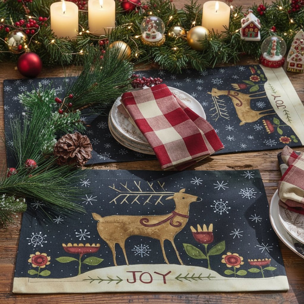 Primitive Christmas Joyful Deer Table Runner 36&quot; L - The Primitive Pineapple Collection