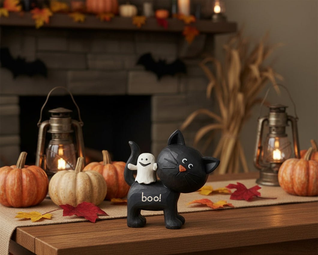 Blossom Bucket Halloween Boo Black Cat With Ghost Shelf Sitter - The Primitive Pineapple Collection