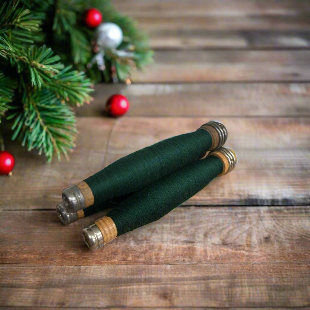 Primitive Christmas ONE pc 6.5&quot; Dark Green Yarn on Wood Quill