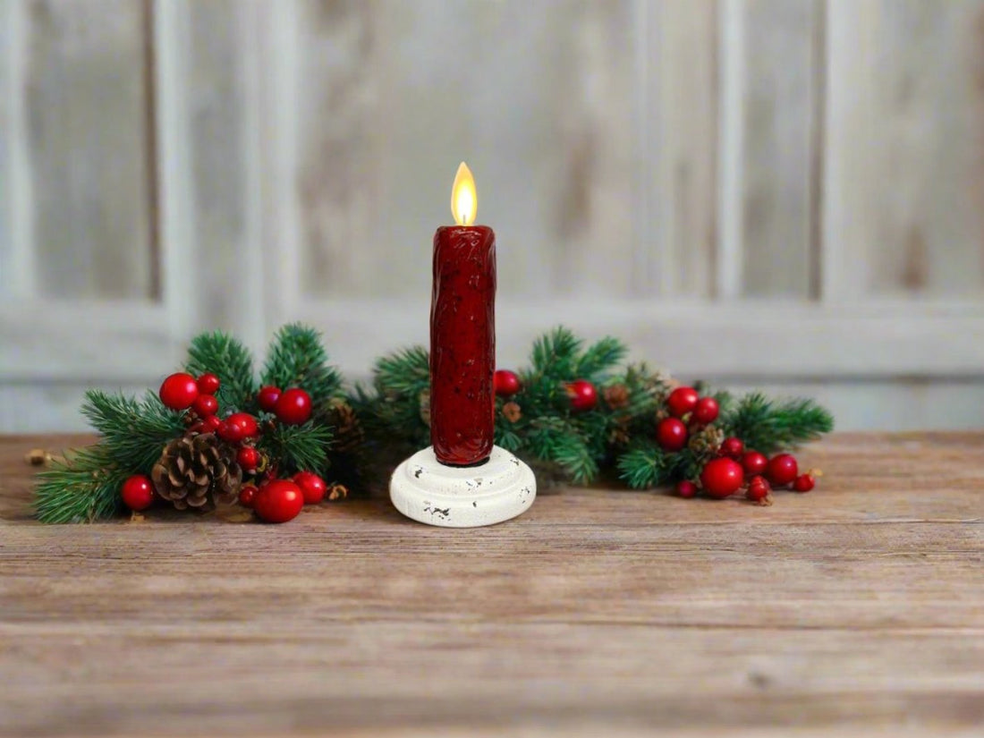 Primitive Handcrafted USA 4" Moving Flame Remote Red Candlestick w/ Charming Base - The Primitive Pineapple Collection