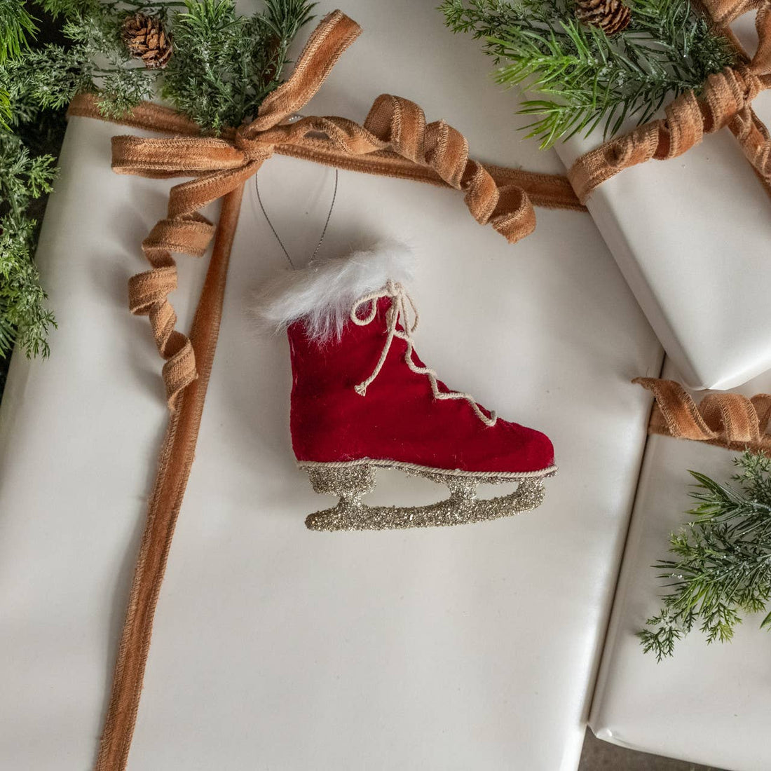 Ragon House Christmas 4.25&quot; Wine Velvet Retro Ice Skate Ornament