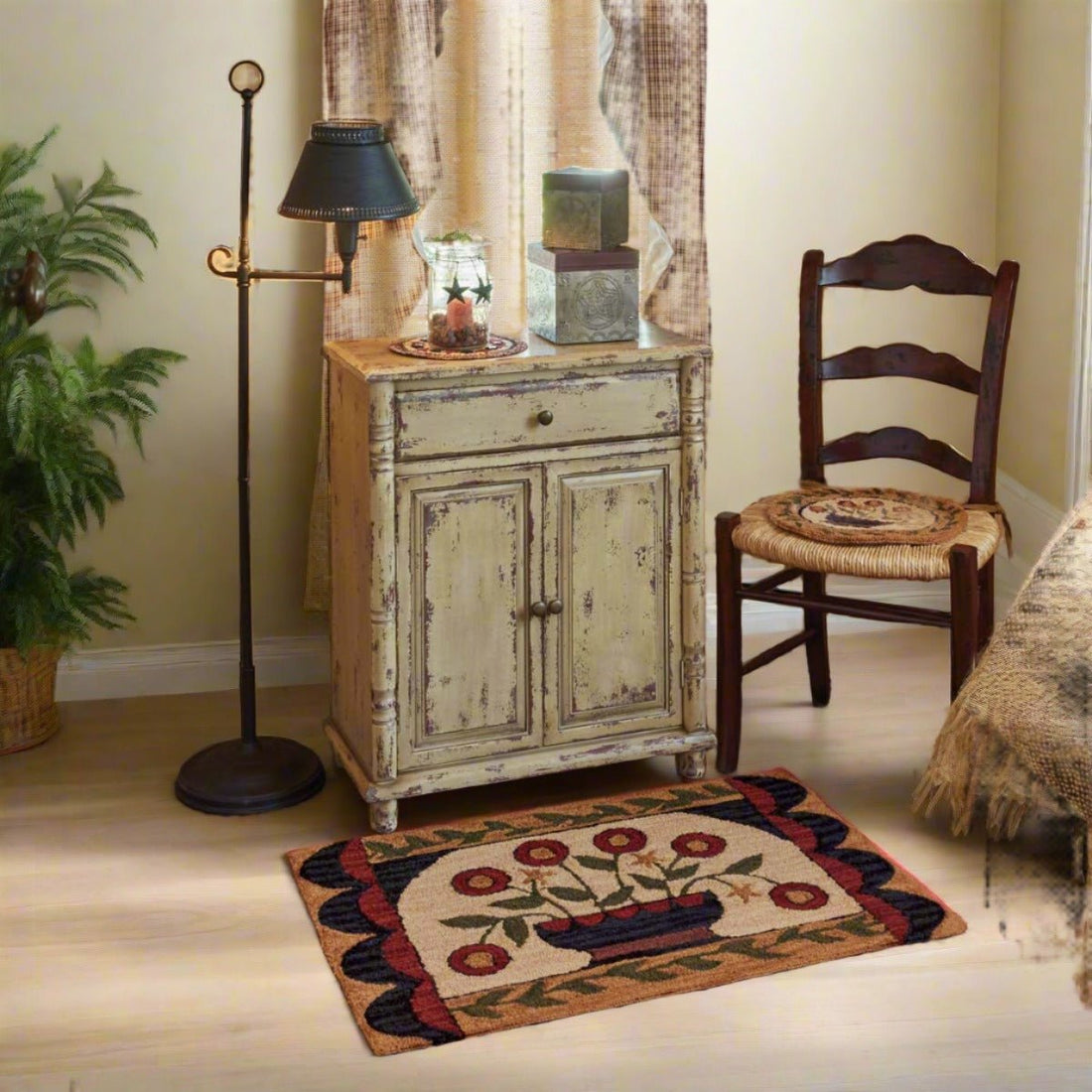 Primitive/Farmhouse Flower Basket Hooked Rug - 24" X 36" - The Primitive Pineapple Collection