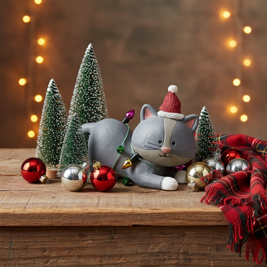 Blossom Bucket Christmas Gray Cat With Christmas Lights