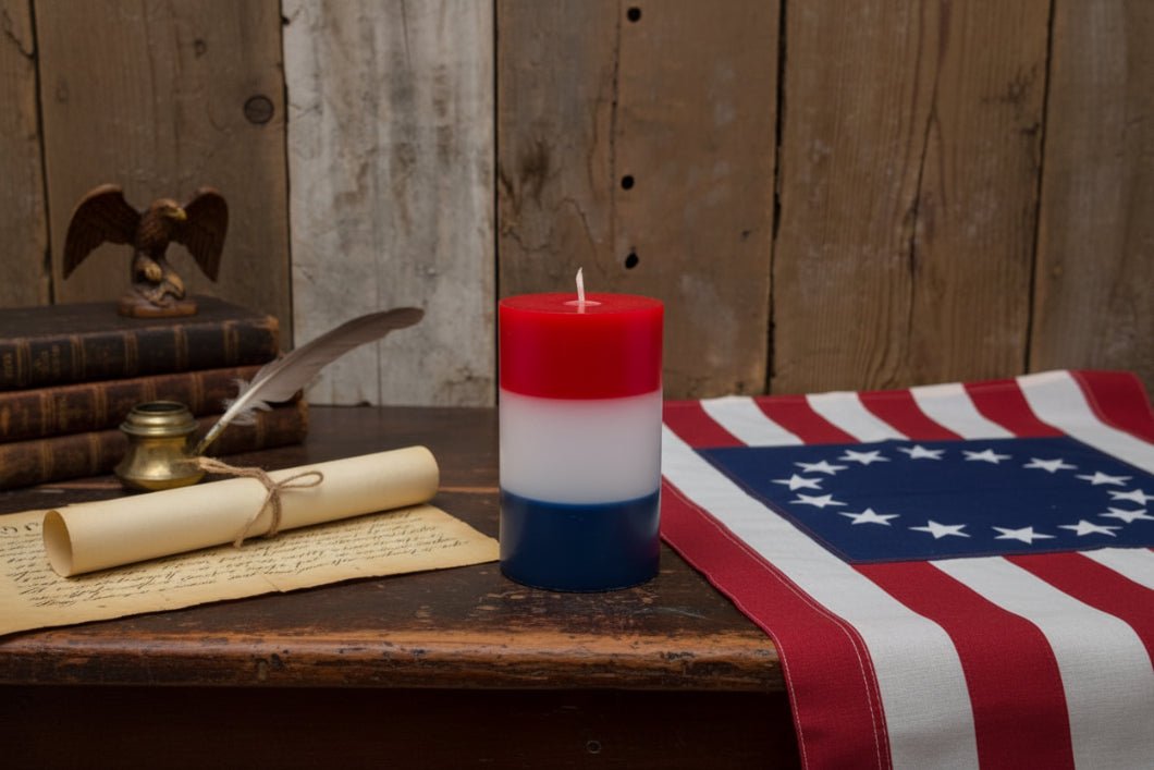 Americana 3.5" x 6" Red White and Blue Flickering Flameless LED Candle timer - The Primitive Pineapple Collection