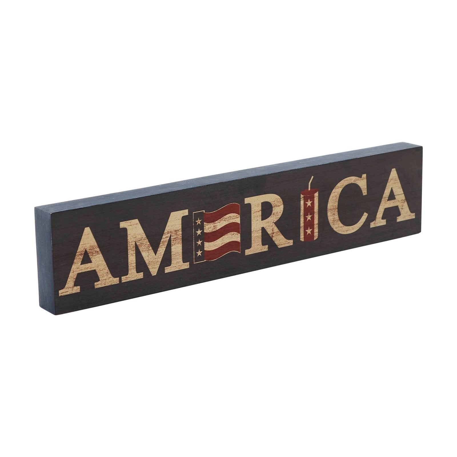 Patriotic AMERICA Flag &amp; Firecracker Block Sign 3x14x1 - The Primitive Pineapple Collection