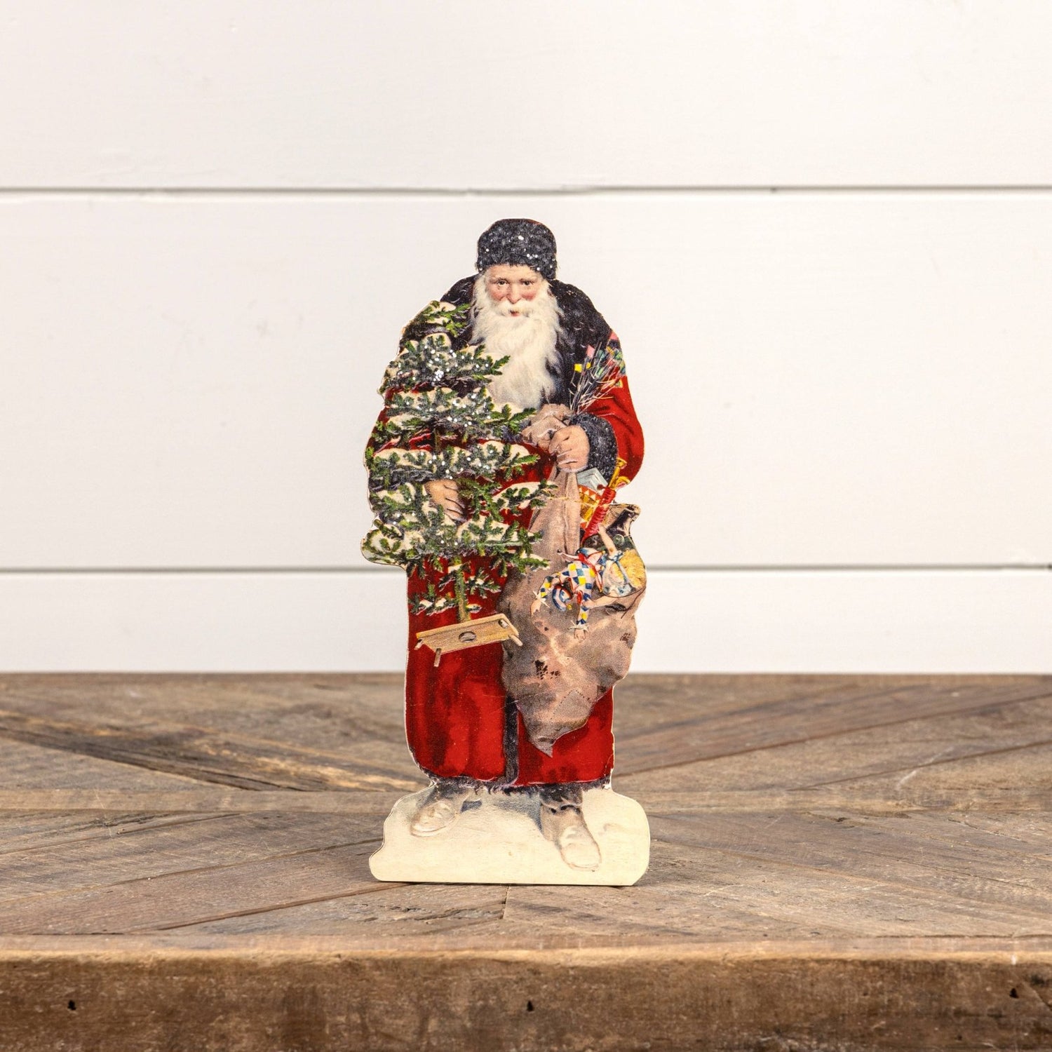 Ragon House Vintage/Retro 10&quot; Snowy Santa w/ Toy Bag Dummy Board - The Primitive Pineapple Collection