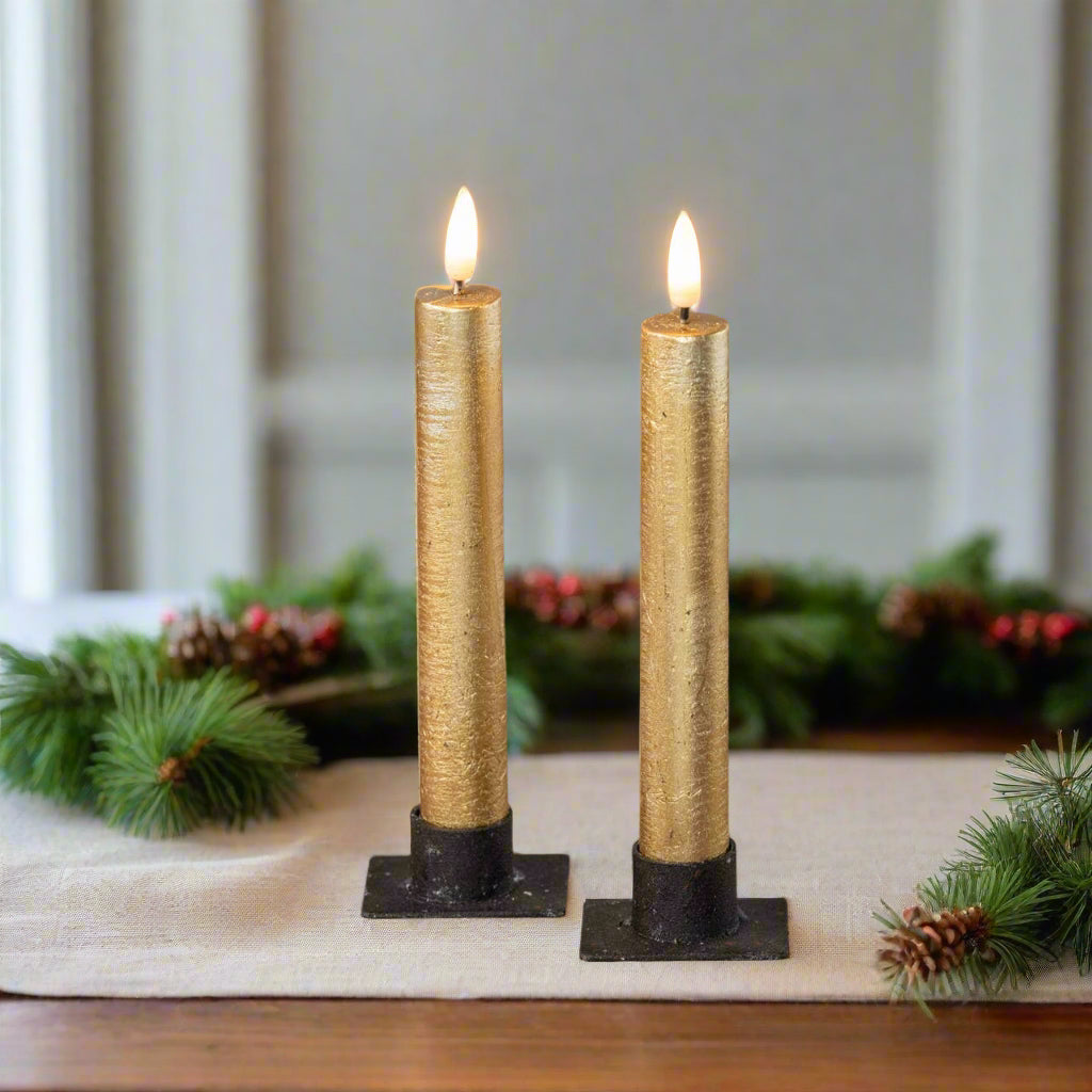 Primitive Country 7&quot; 3D Flame 2 pc Gold Flicker Taper Candle 6hr timer