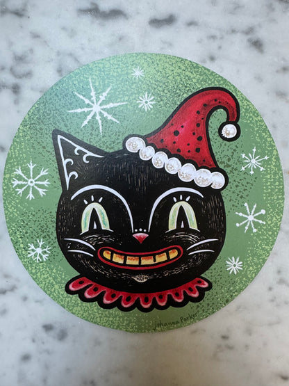 Handcrafted Johanna Parker Retro Christmas Black Cat Santa Hat Wood Cutout Out 8&quot;