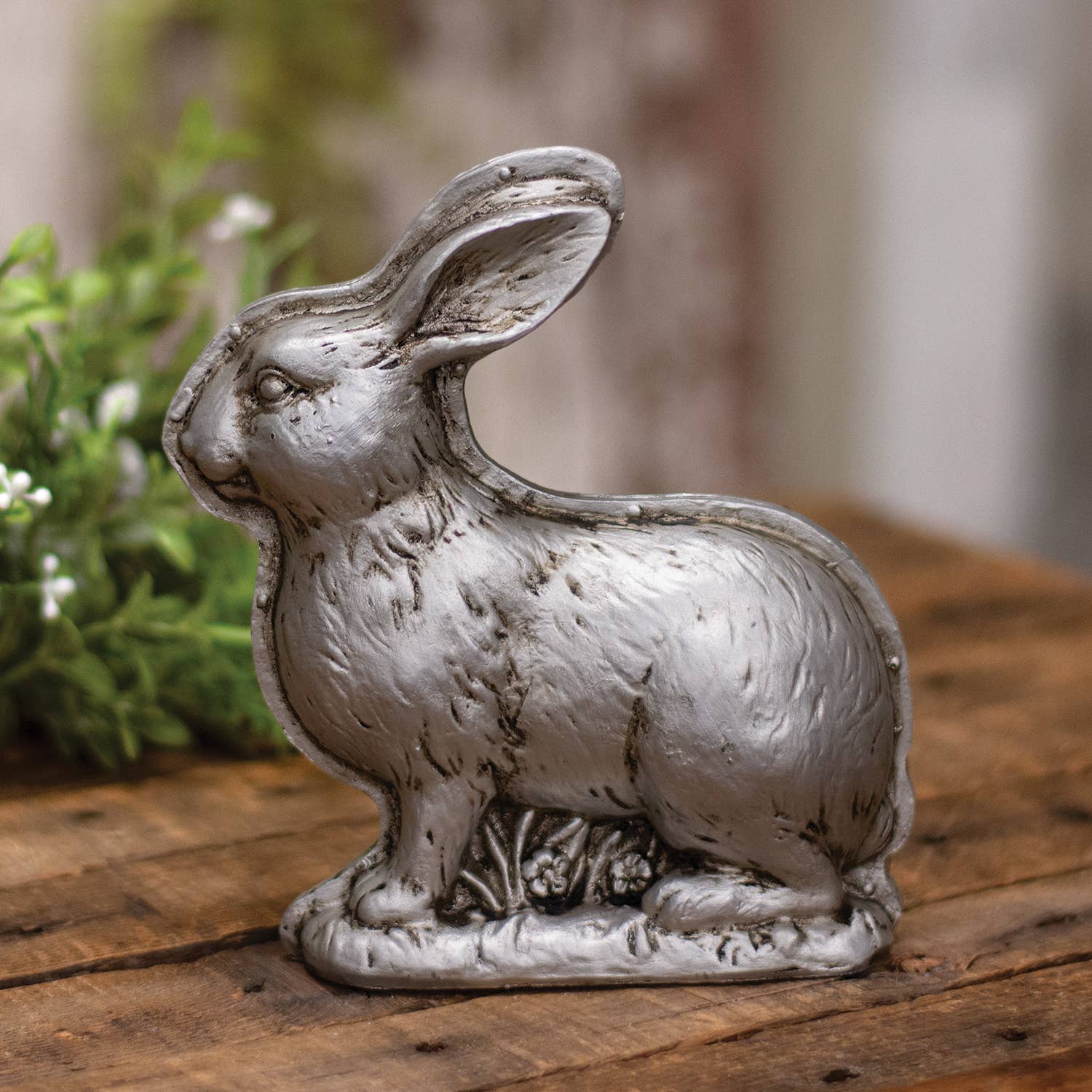 Primitive Farmhouse Spring Silver Bunny Faux Chocolate Mold Sitter 6.5&quot;