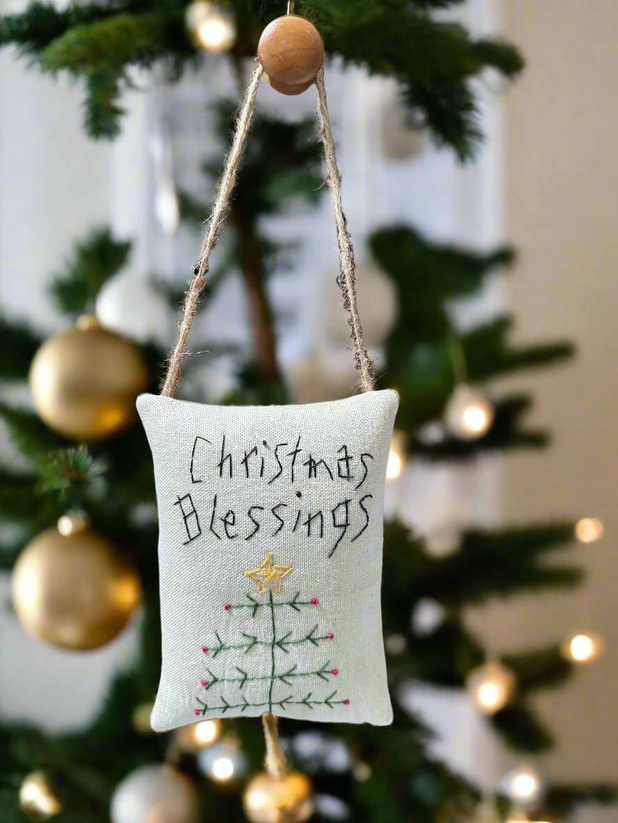 Primitive Handcrafted Christmas Embroidered Christmas Blessing w/ Feather Tree Pillow 6&quot;