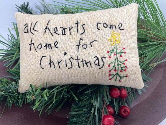 Primitive Handcrafted Christmas Embroidered All Hearts Come Home Pillow 6" - The Primitive Pineapple Collection