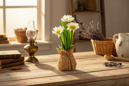 Farmhouse Spring 8" Daisy In Burlap Sack - The Primitive Pineapple Collection