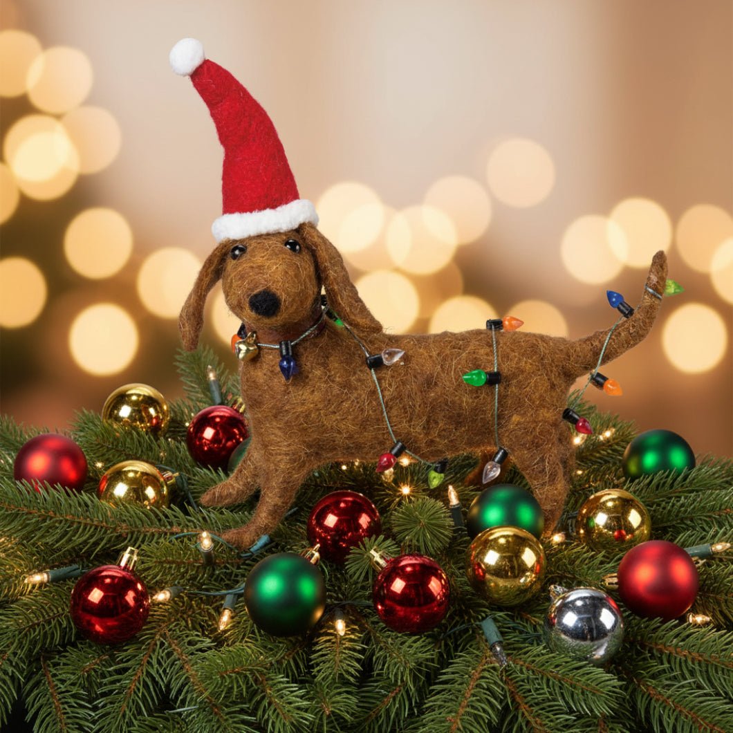 Primitive Felt Dachshund and Lights Critter Holiday Ornament - The Primitive Pineapple Collection