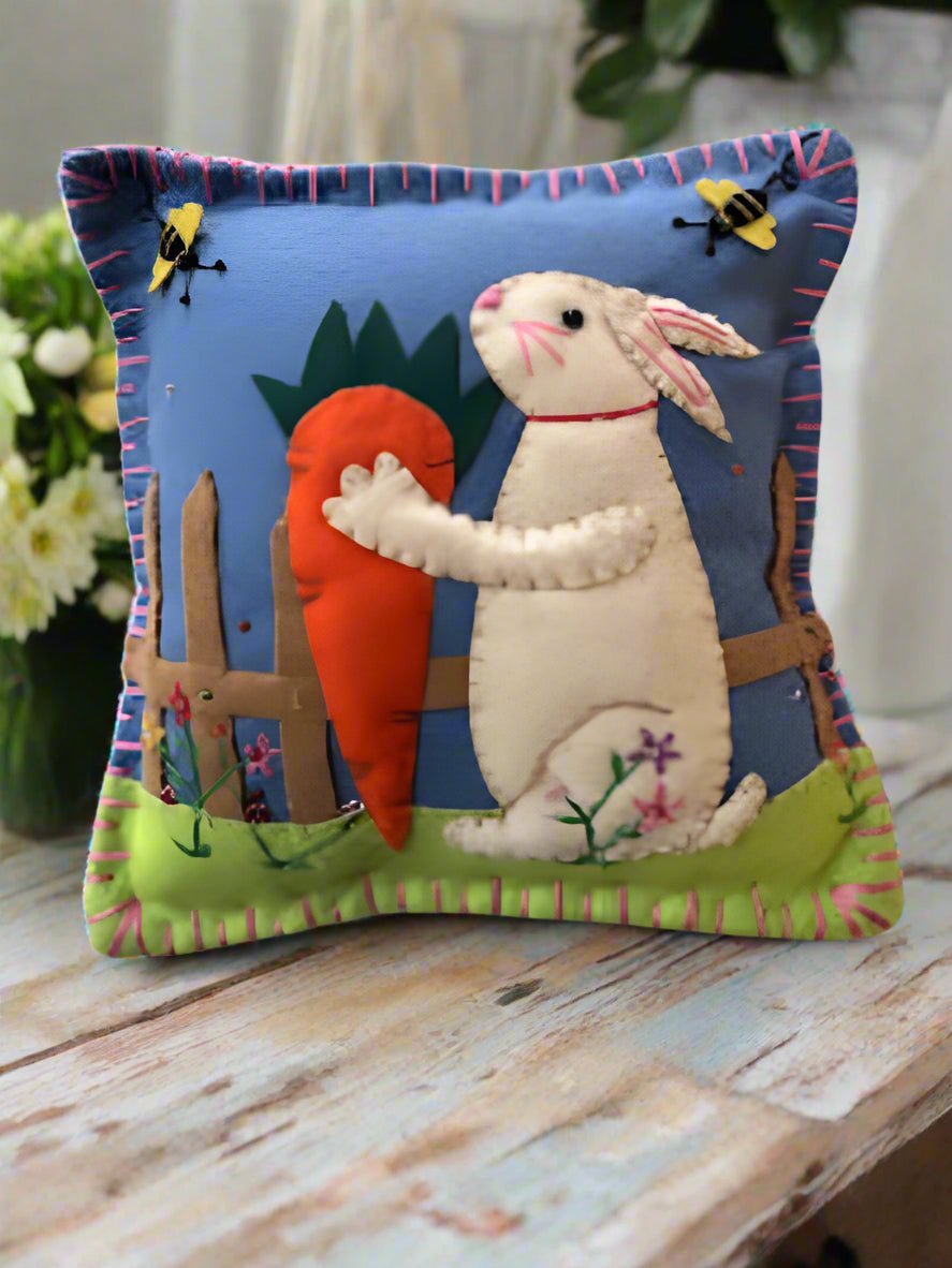 Primitive Farmhouse Felt Spring Easter Bunny With Carrot 8" x 8" Pillow - The Primitive Pineapple Collection