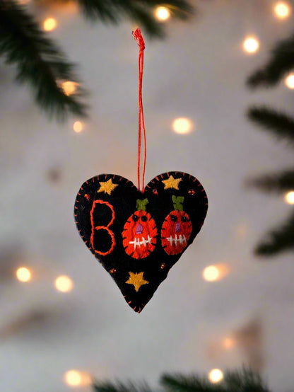 Primitive Handcrafted Halloween Felt 3” BOO Heart Ornament - The Primitive Pineapple Collection