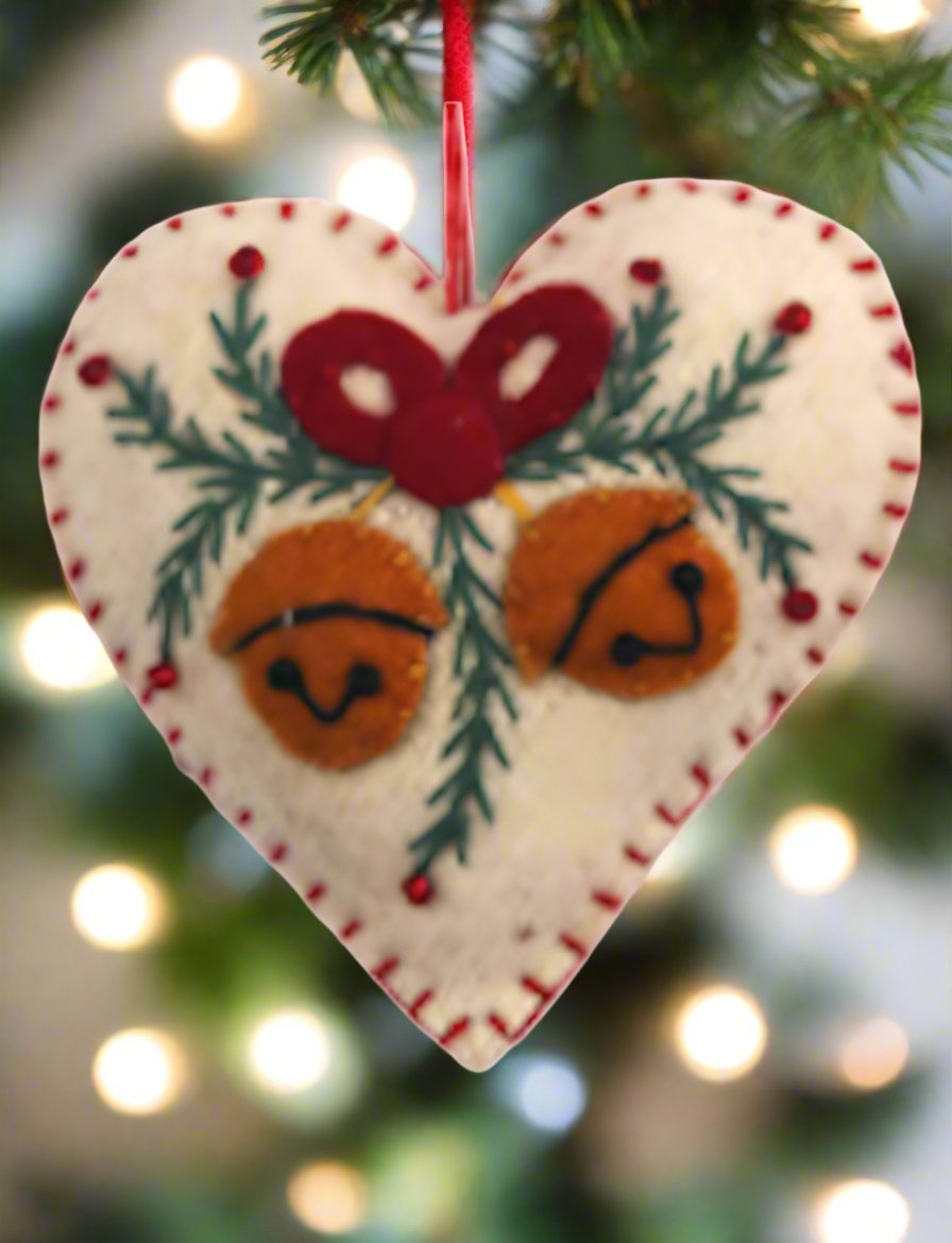 Primitive Christmas Handcrafted Felt 3" White Heart w/ Holiday Bells Ornament - The Primitive Pineapple Collection