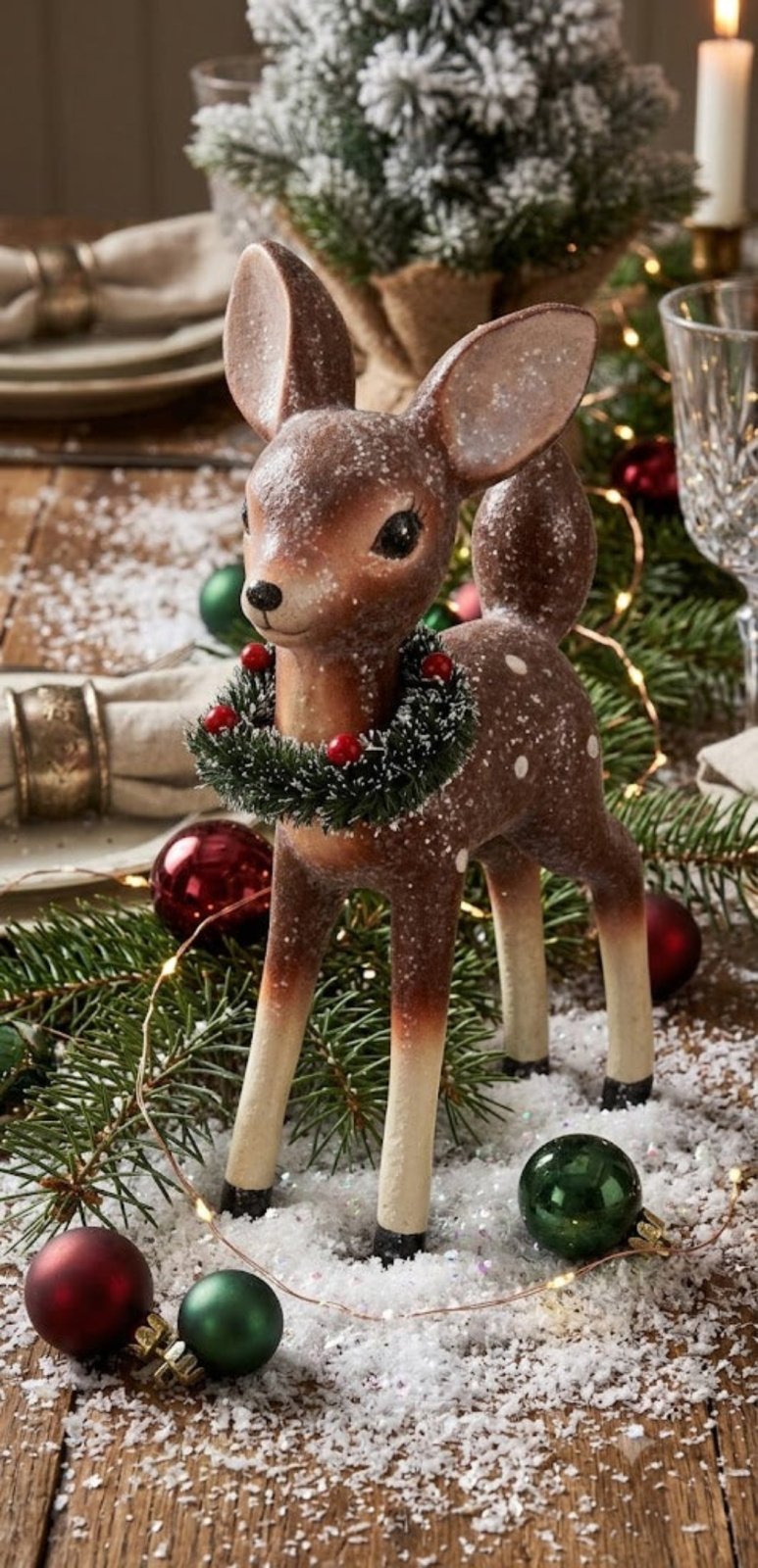 Primitive Retro Christmas Reindeer Figurine with Bottle Brush Wreath 9.25" - The Primitive Pineapple Collection
