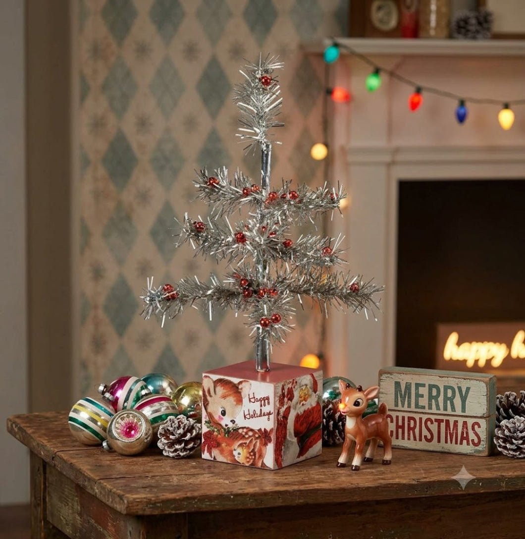 Primitive/ Retro 13" Vintage Silver Tinsel Christmas Tree on Box - The Primitive Pineapple Collection