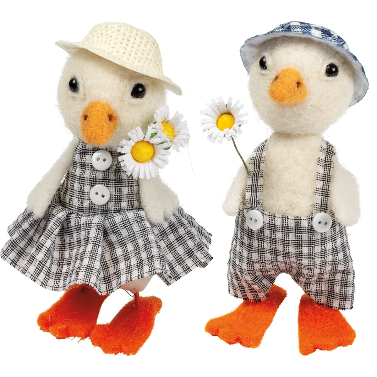 Primitive Spring Easter Felt Gingham Ducks 2 pc Sweet Couple w/ Daisy