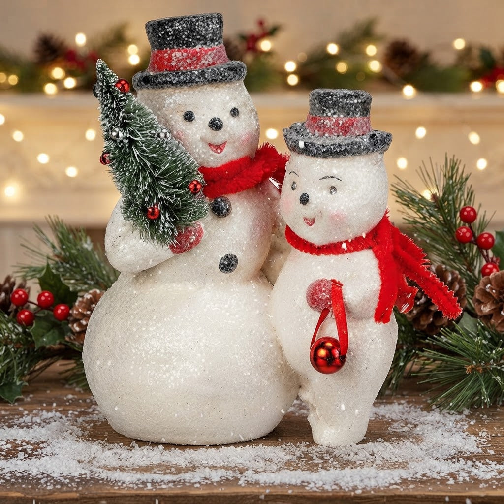 Christmas Pair Of Vintage Look Dapper Snowmen w/ Bottle Brush Tree Figurine