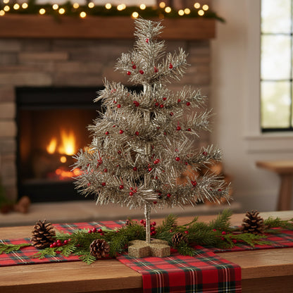 Primitive Christmas Retro Looking Silver Tinsel Christmas Tree 18"
