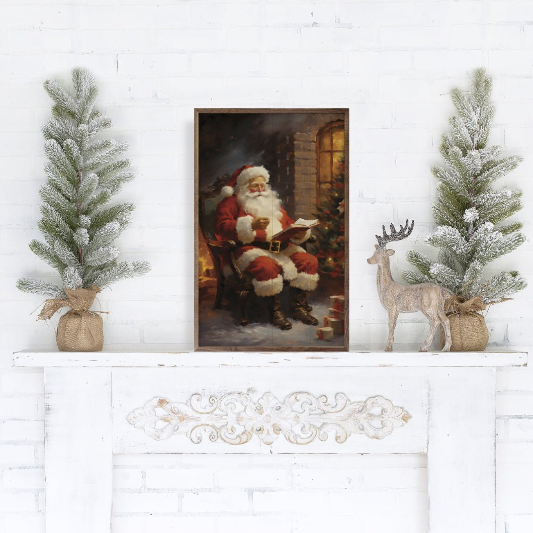 Handcrafted Walnut Framed Christmas Kris Kringle by the Fire Art