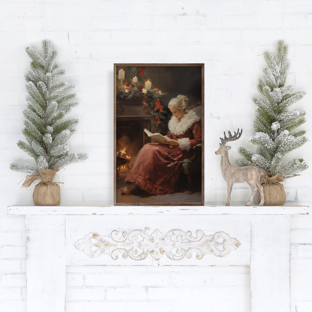 Handcrafted Walnut Framed Christmas Mrs Kris Kringle by the Fire Art
