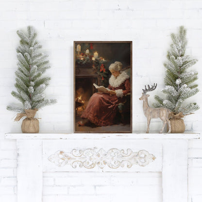 Handcrafted Walnut Framed Christmas Mrs Kris Kringle by the Fire Art - The Primitive Pineapple Collection