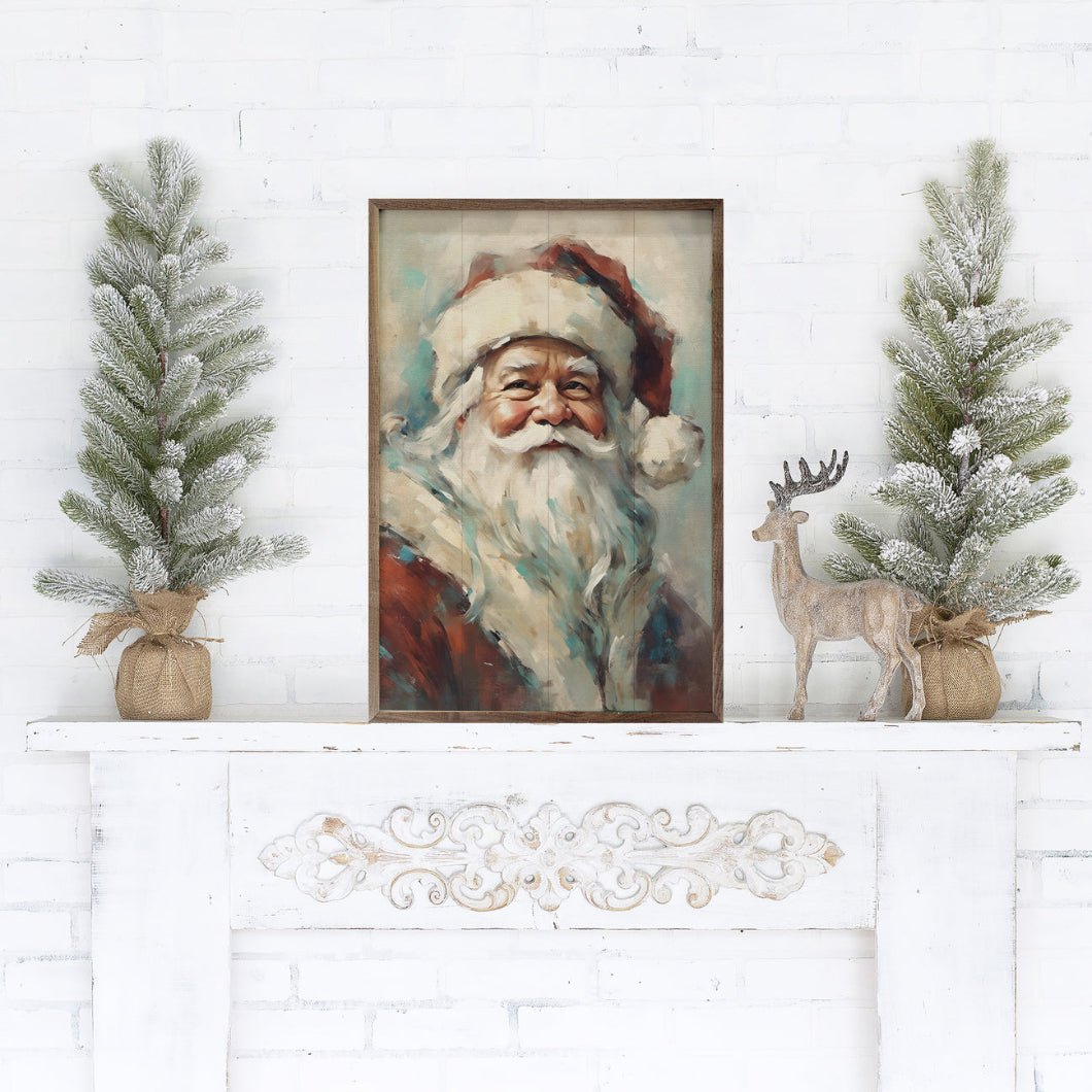 Handcrafted Walnut Framed Christmas Classic Red Santa Art - The Primitive Pineapple Collection