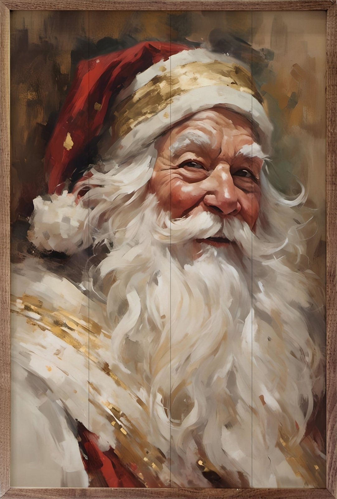 Handcrafted Walnut Framed Christmas Classic Santa In Red With Gold Art - The Primitive Pineapple Collection