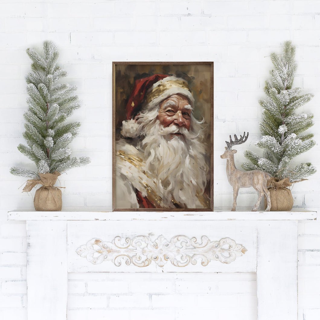 Handcrafted Walnut Framed Christmas Classic Santa In Red With Gold Art - The Primitive Pineapple Collection